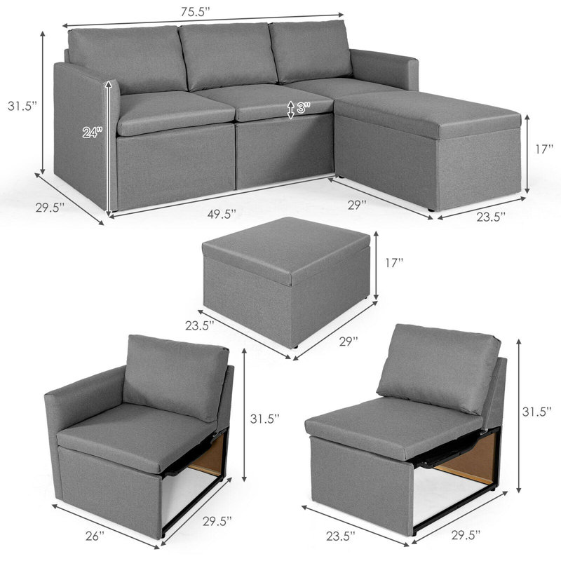 Canapé modulaire réversible en lin avec repose-pieds 75,5 po, 100 % lin gris