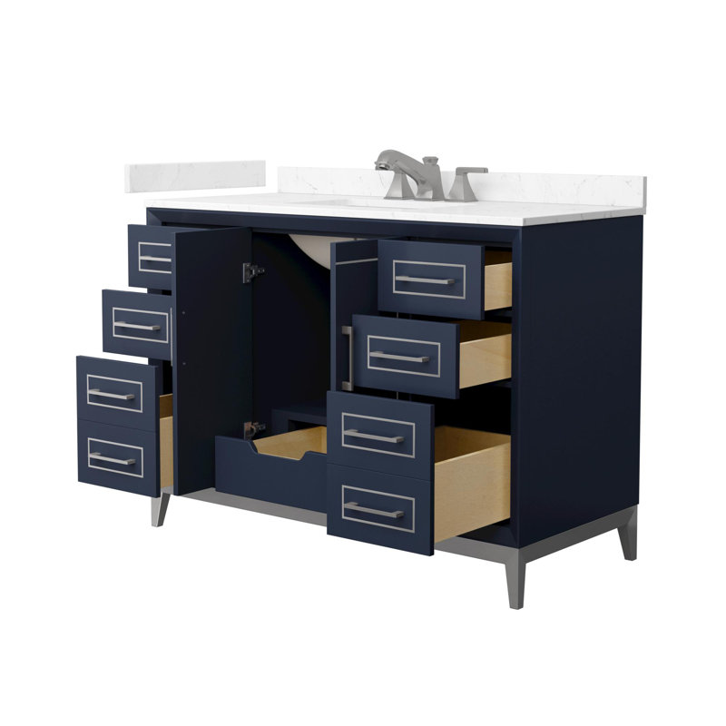 Meuble-lavabo autoportant simple avec plateau en marbre Marlena, Bleu, Nickel brossé, 48"