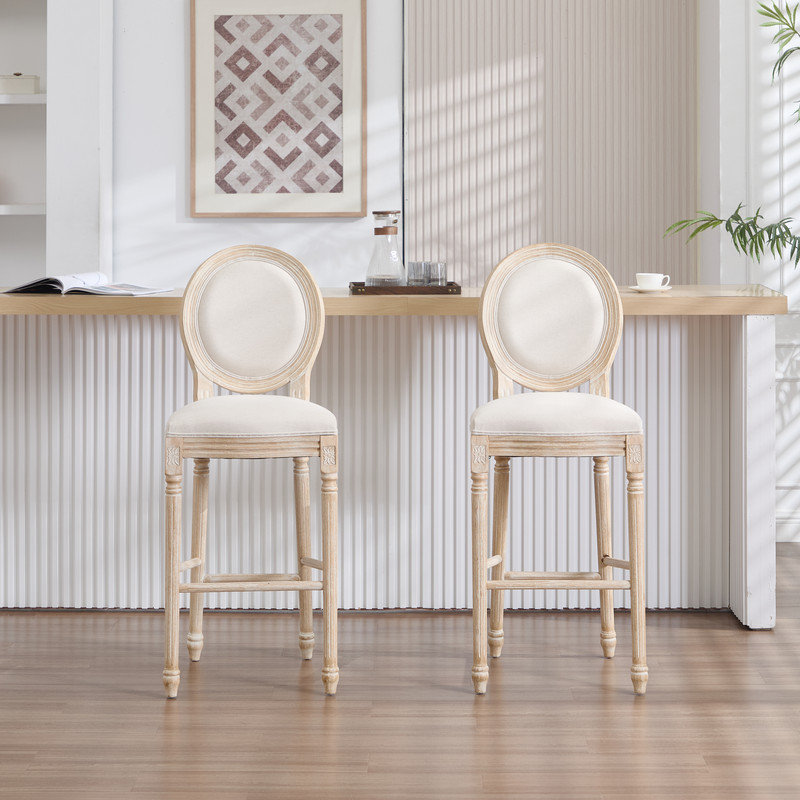Ensemble de 2 chaises de bar à hauteur de comptoir avec pieds en bois sculpté et dossier rond French Country