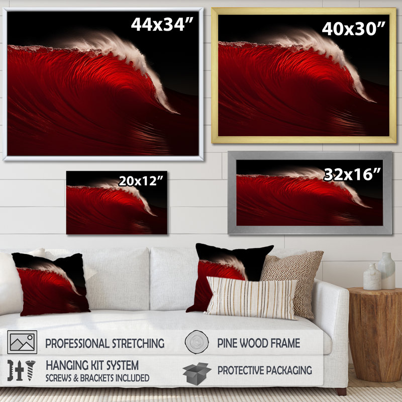 " Minimalism Black Red Wave Scenery ", 34" H x 44" W x 1.5" D, Silver Picture Framed