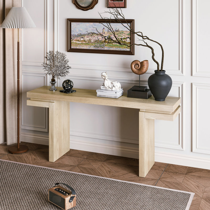 Console très large de 66 po en chêne vieilli, placage de bois véritable, pour vestibule, couloir et bureau, table plaquée avec rangement intelligent, finition chêne, couloir, vestibule sous la table