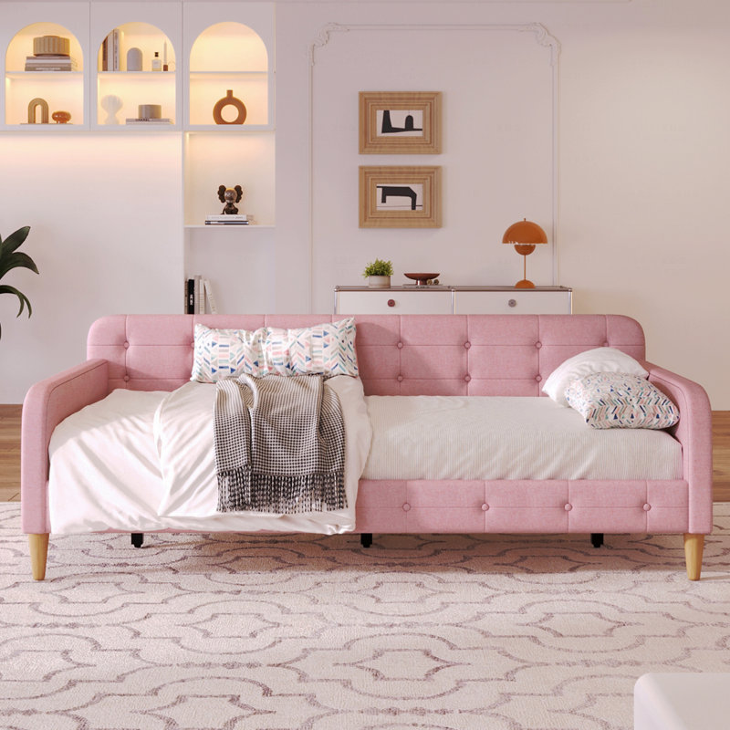 Lit de jour simple rembourré avec 4 pieds de soutien, Rose