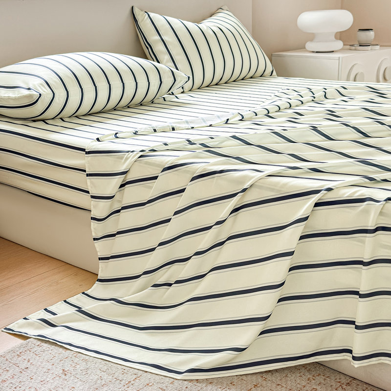 Draps en percale rayée, draps de lit en microfibre douce prélavée à fines rayures, ensemble de draps de style ferme avec poches profondes