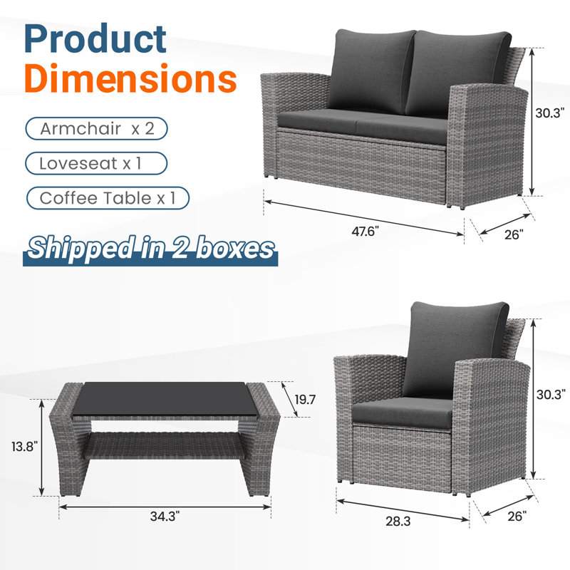 Ensemble de mobilier de jardin en résine tressée PE résistant aux intempéries, ensemble de mobilier d'extérieur en rotin tressé à la main avec coussins en oléfine résistants à l'eau, ensembles de conversation extérieurs pour cour, porche, jardin