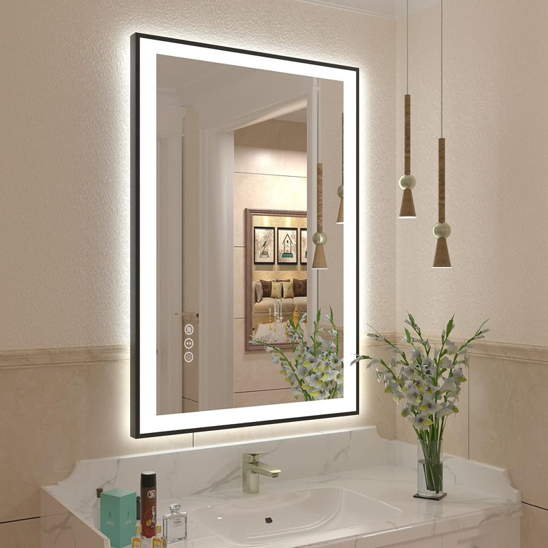 Matte Black 36" x 24" LED Lighted Anti-Fog Vanity Mirror