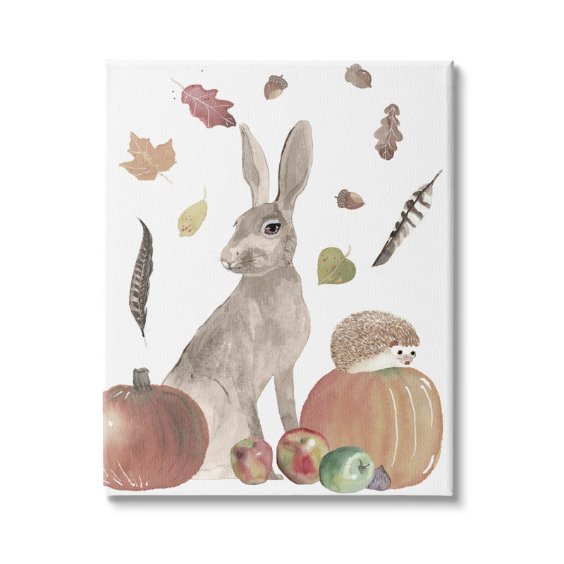 Feuillage d'automne «Rabbit And Hedgehog Pumpkin» par Alicia Longley - Peinture, H 20 po x l 16 po, Toile tendue