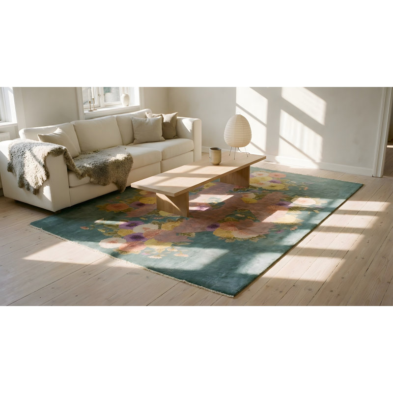 Tapis art déco chinois artistique à motif floral sarcelle