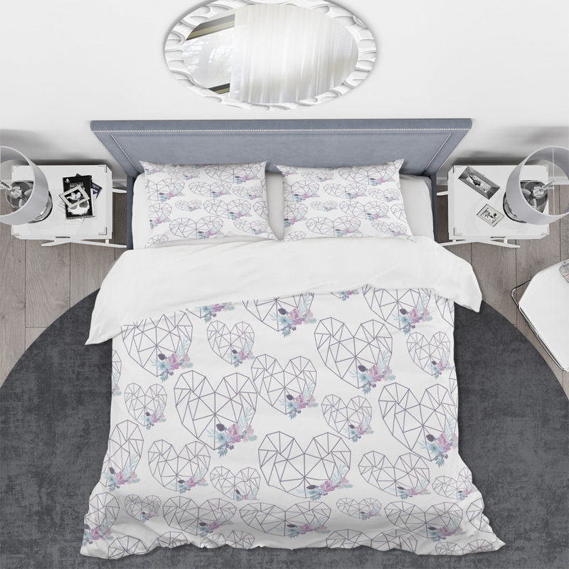 Ensemble de housse de couette bohémien avec motif géométrique de cœurs géométriques et de fleurs bohémiennes - microfibre de polyester