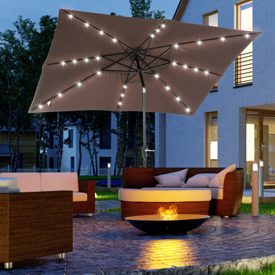 Parasol solaire de 9 pi x 7 pi Outsunny, parasol de patio éclairé à DEL pour table ou base avec inclinaison et manivelle, parasol d'extérieur pour jardin, terrasse, cour, piscine, plage