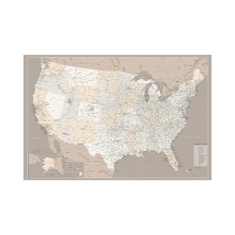 Highly Detailed Map Of The Us With Roads In Brown 1 Piece Wall Art on Canvas, 20.32 cm H x 30.48 cm W, Wrapped Canvas