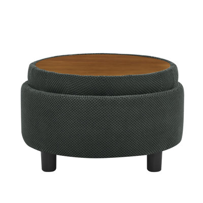 Round Tufted Storage Ottoman in Dark Gray Boucle with Storage Compartment, Tufted Seat, and Waterproof MDF Tray Panel in Lid