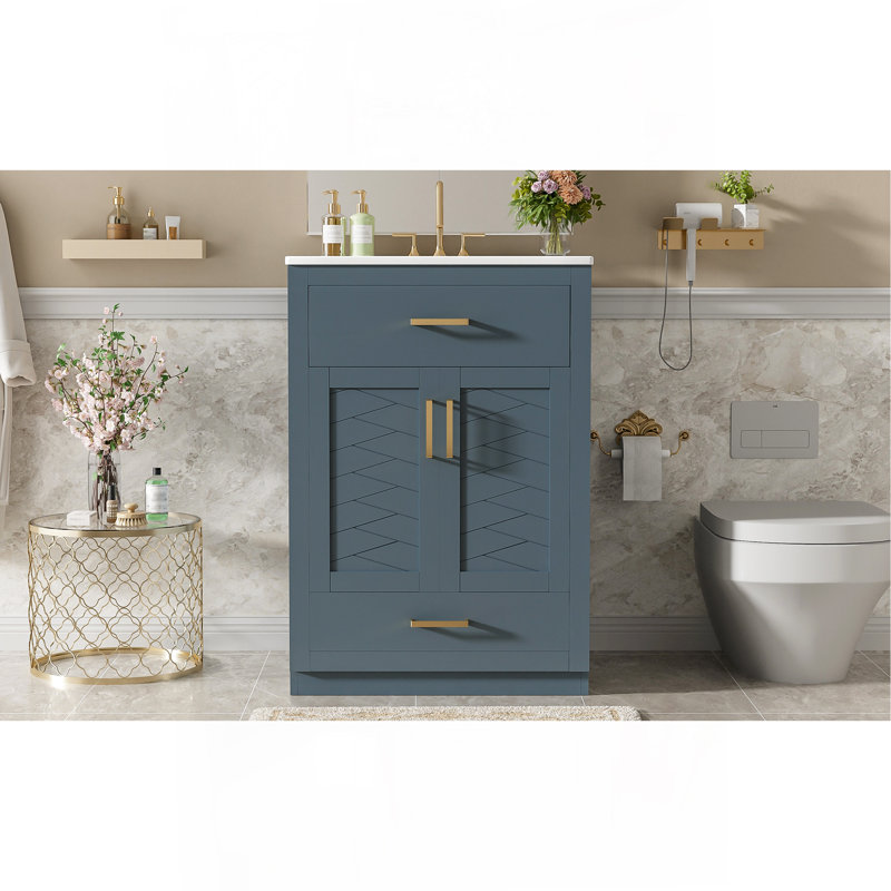Meuble-lavabo 24 po avec lavabo intégré en céramique, meuble-lavabo à 2 portes, 1 tiroir basculant et meuble-lavabo simple pour salle de bain de petite et moyenne taille, bleu