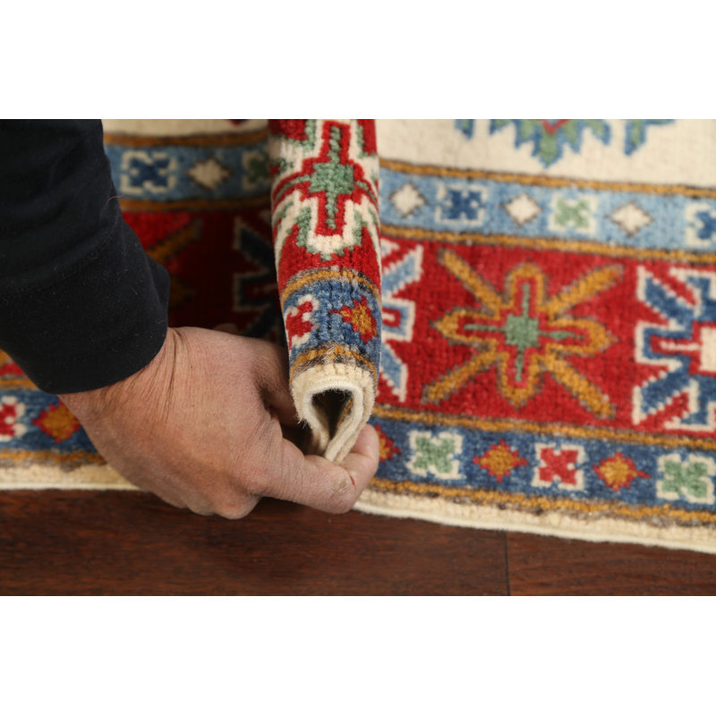 Tapis beige en laine noué à la main de conception unique 4 pi x 5 pi 10 po