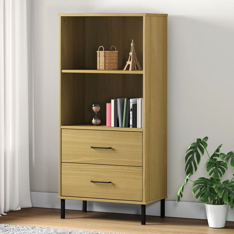 Bookshelf Book Cabinet with 2 Drawers Storage Cabinet OSLO Solid Wood, Gray
