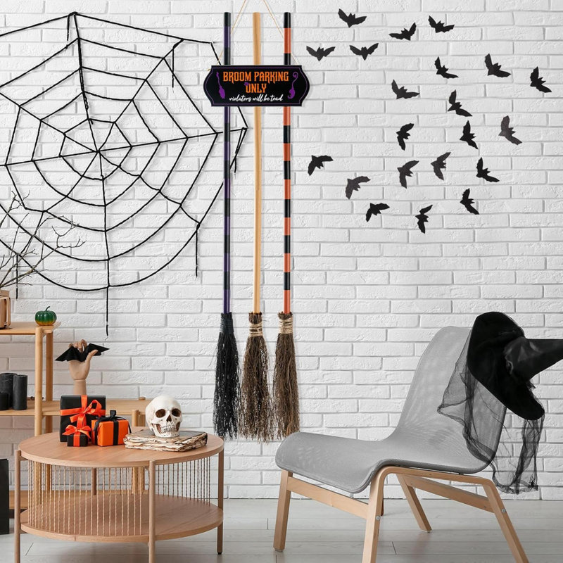 Porche - Décorations d'Halloween - Panneau de balai avec 3 sorcières en bois
