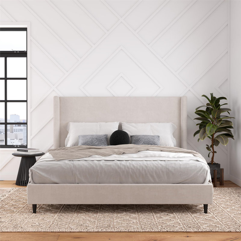 Ana King Upholstered Wingback Bed, Ivory Corduroy