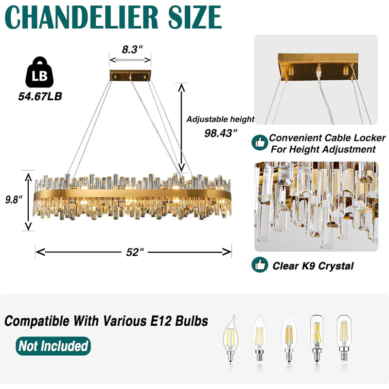 Lohan 20-Light Dimmable Modern Gold Rectangle Chandelier with Crystal Accents for Kitchen Island Dining Room