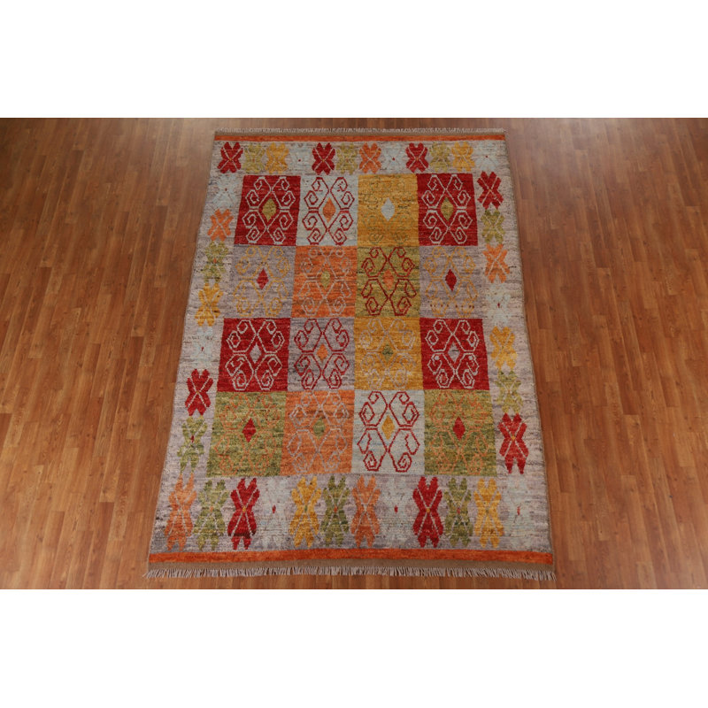 Tapis orange / bleu / vert en laine noué à la main de conception unique 6 pi 10 po x 9 pi 10 po New Age