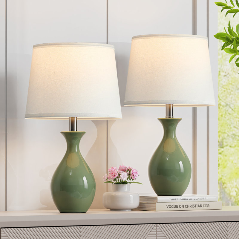 19"Ceramic Table Lamp Set of 2, Modern Bedside Lamps for Nightstand, Bedroom, Living Room with Rocker Switch, Green, Green