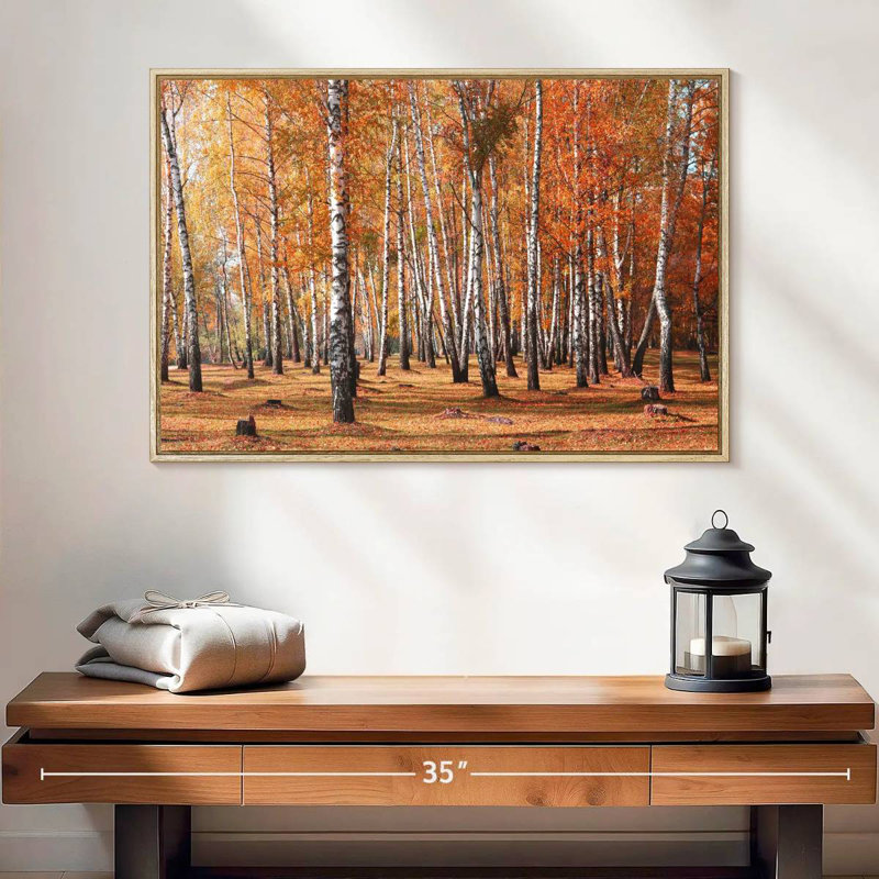 Forêt de bouleaux en automne, 25 po x 17 po, Cadre flottant en bois naturel