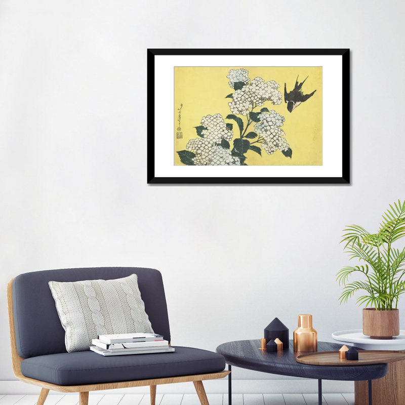 «Hydrangea and Swallow, c.1832» par Katsushika Hokusai, impression sur toile, H 24 po x l 32 po x P 1 po, Blanc