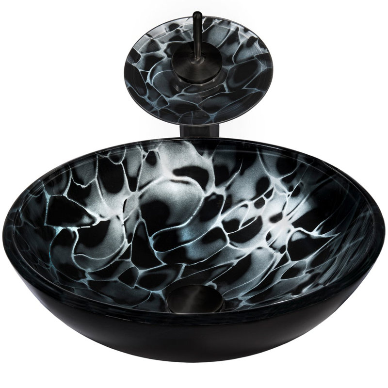 Novatto 16.5'' Glass Circular Bathroom Sink with Faucet, Matte Black