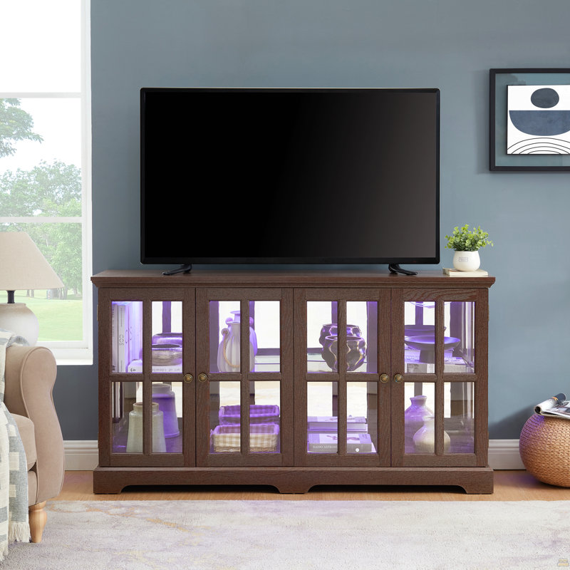 LED Curio Display Cabinet Antique Display Cabinet With Glass Doors Adjustable Shelves, 32.09" H x 59.06" W x 13.98" D, Cherry
