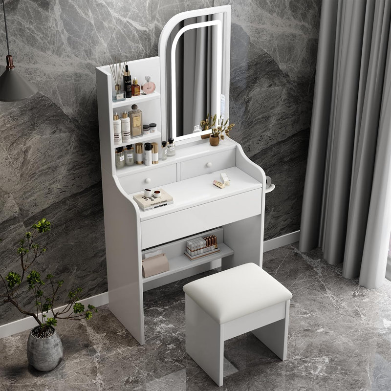 Coiffeuse de maquillage moyenne blanche avec miroir et tiroir à DEL
