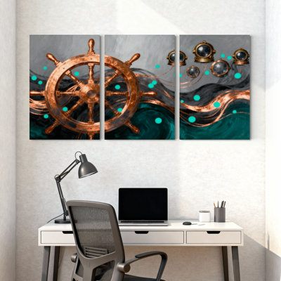 Nautique et plage, roue nautique, vagues, hublots, sarcelle, détails cuivrés, ensemble de 3 impressions sur toile