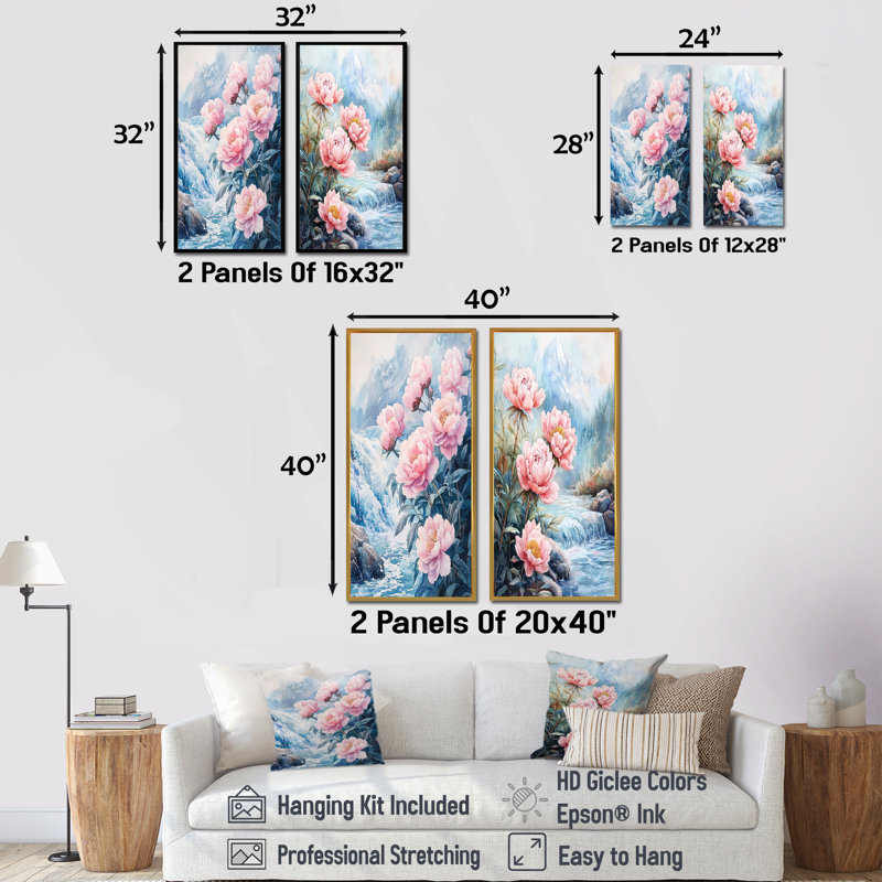 Pivoines hivernales et la rivière Glacier I - Art mural floral, collection 2 panneaux, H 28 po x l 25 po, Toile tendue