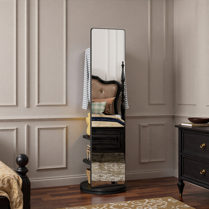 Miroir pivotant 360 ° pivotant sur 66 po x 14 po Pleine longueur avec miroir et support de rangement Portemanteau, Noir