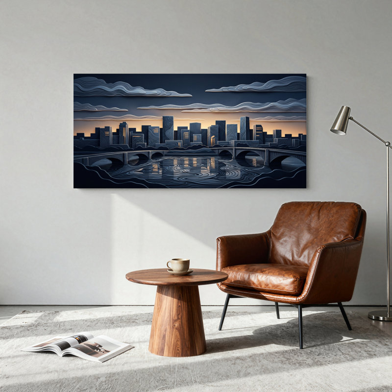 Ensemble de 1 tableau sur toile représentant la silhouette de la ville, L 32 po x H 16 po, Toile tendue