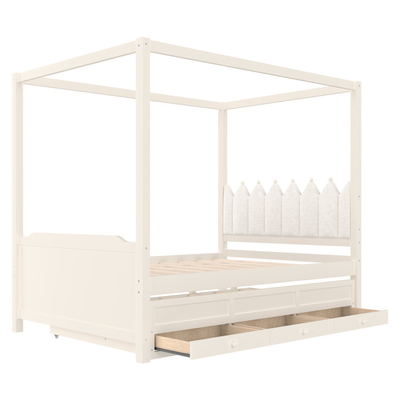 Cadre de lit à baldaquin pour enfants, rangement et assemblage facile Princess, Double, Beige