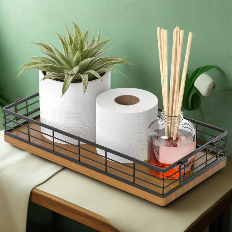 Organisateur de panier de toilette avec poignée, plateau de rangement de salle de bain en bois rustique et en fer pour papier hygiénique et articles essentiels, tablette peu encombrante