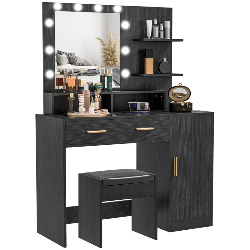 Ensemble de coiffeuse, table de maquillage avec tabouret, miroir à DEL et rangement, Noir