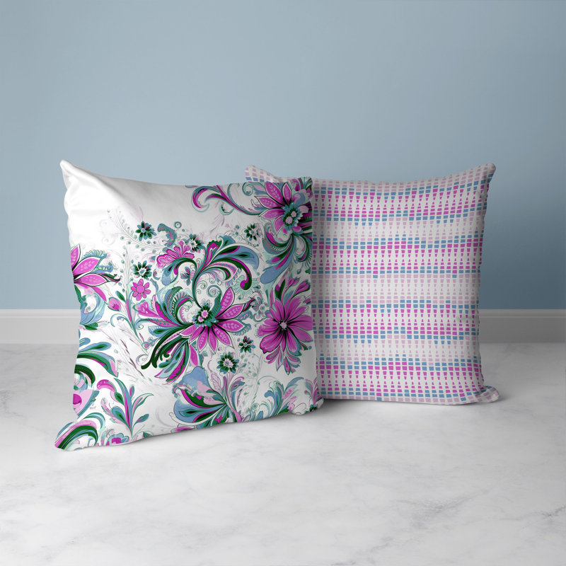 Green and Lavender Floral Faux Suede Square Throw Pillow