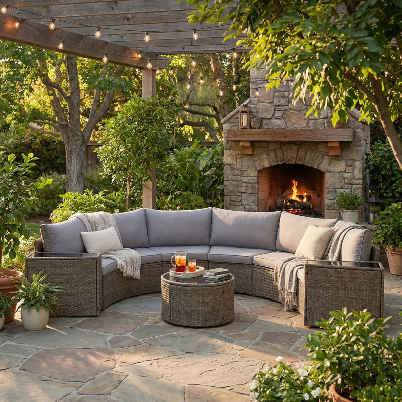 Ensemble de mobilier de patio extérieur modulaire demi-lune 9 pièces, ensemble de patio extérieur avec table basse ronde en verre trempé