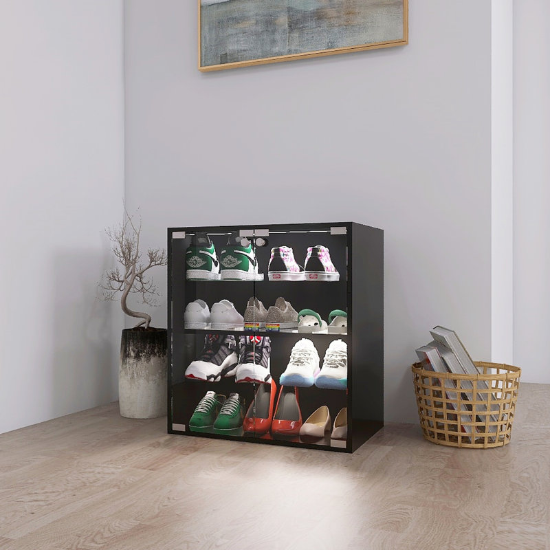 Armoire à chaussures à 4 couches avec porte vitrée et DEL, style moderne et confortable, structure solide, noir contrôlé, salle de couture