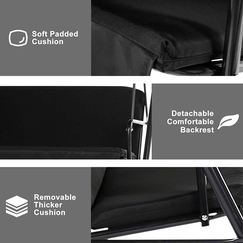 3 Person Porch Swing with Canopy, Dark Black