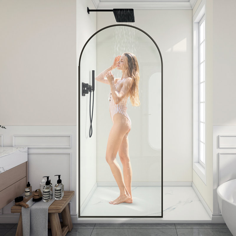 Ember Series 78 In. X 34 In. Framed Arch Fixed Shower Screen Door In Matte Black With 8Mm Tempered Clear Glass, Clear