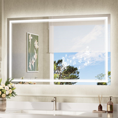 Bluetooth LED Bathroom Mirror Frontlit And Backlit, 3 Colors Temperature & Dimmable Light, Defog, Tempered Glass Vanity Mirror