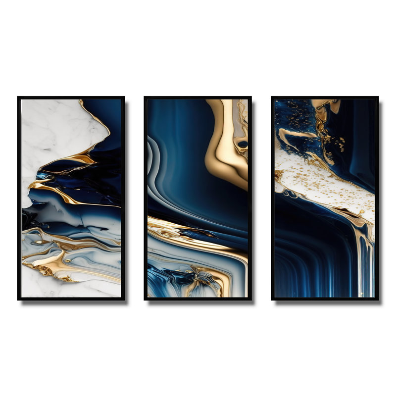 «Abstract Geode Waves Blue V», reproduction sur toile 3 pièces, Cadre flottant noir, H 28 po x l 36 po x P 1 po