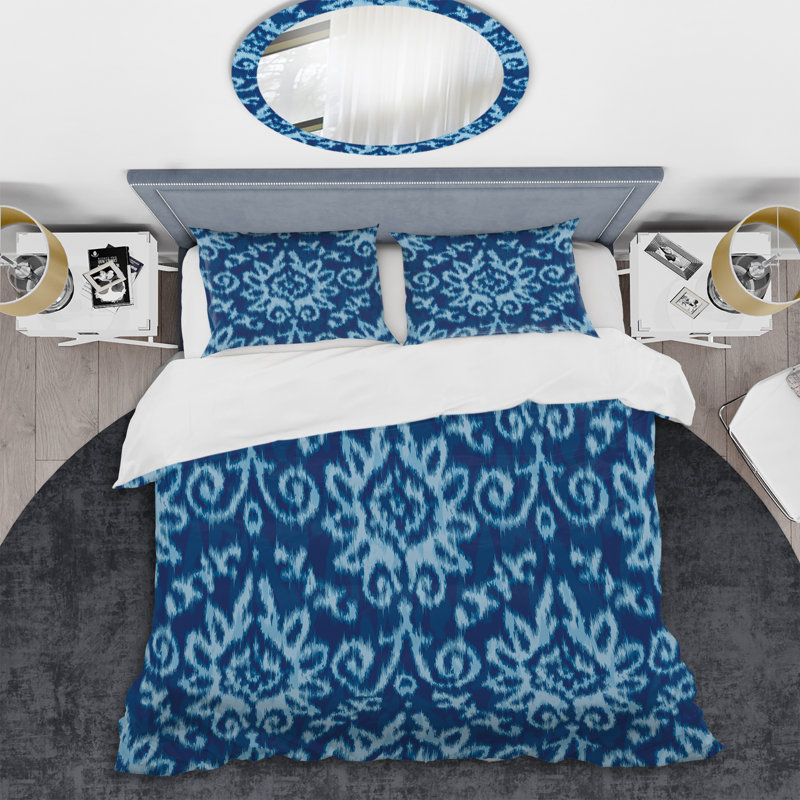 Blue Ikat Ogee - Ensemble de housse de couette abstrait - Microfibre de polyester