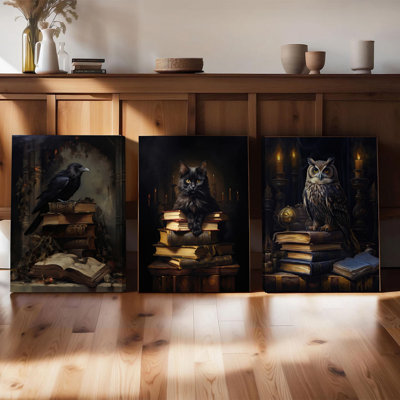 Ensemble de 3 affiches encadrées, toiles décoratives représentant des animaux mystiques, corbeau, chat et hibou gothiques sur des livres anciens, style Dark Academia, pour salon ou chambre, affiches d'art fantastique avec fond éclairé à la bougie.