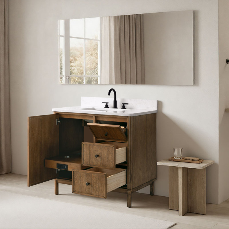 Meuble-lavabo sur pied à simple cuve 36 po avec plateau en pierre reconstituée, centrale électrique cachée, support de chargement USB et support pour sèche-cheveux Lugan 