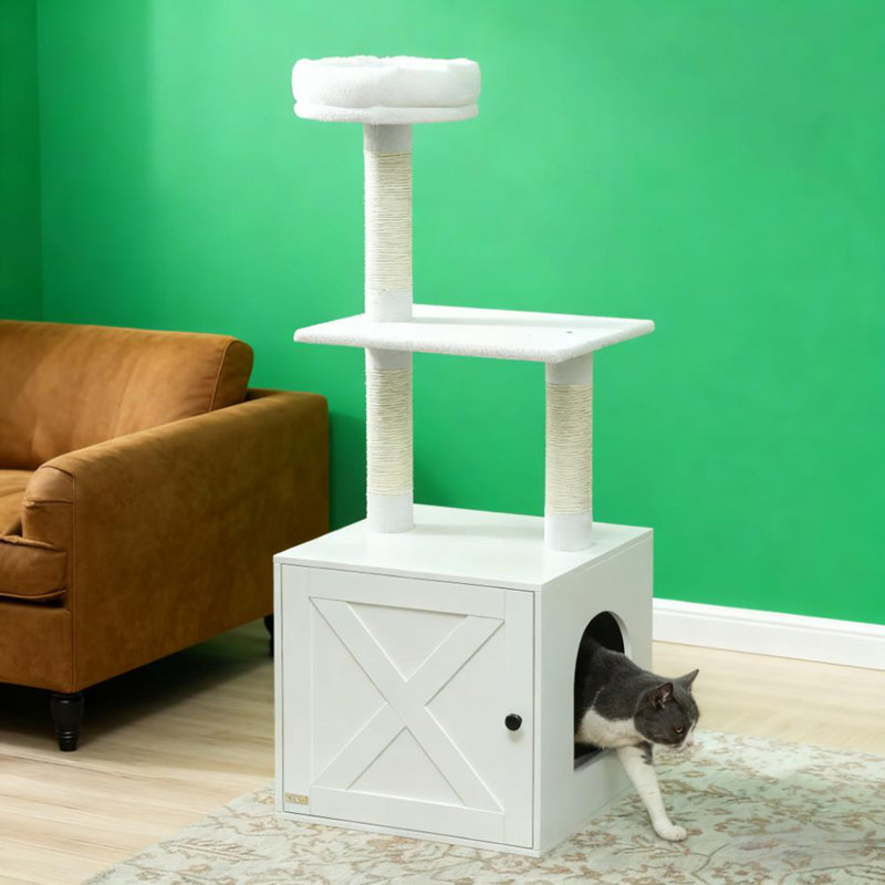 White  Cat Tree With Litter Box Enclosure
