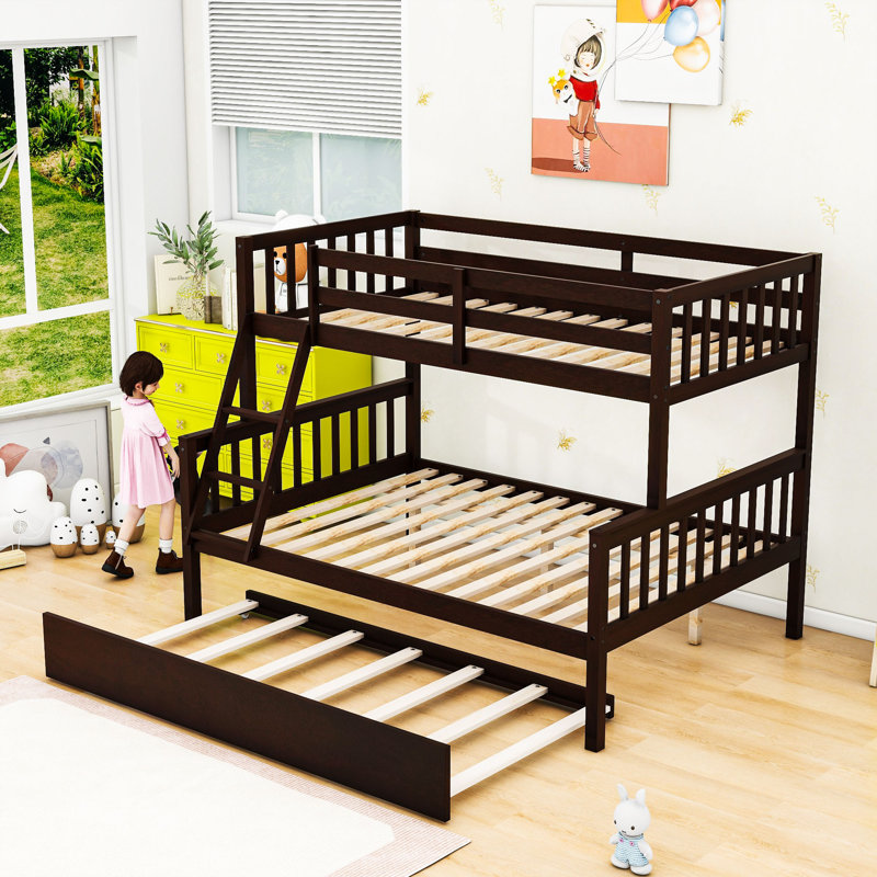 Kavarn Twin Over Full Wood Bunk Bed With Trundle And Guardrail, Espresso