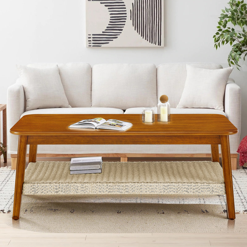 Table basse Mid-Century rectangulaire avec tablette tissée