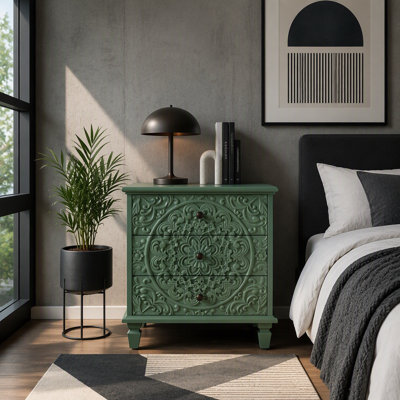 Carved Wood Nightstand with 3 Drawers, Vintage Farmhouse Embossed Accent Chest, Bedside Storage Cabinet End Table