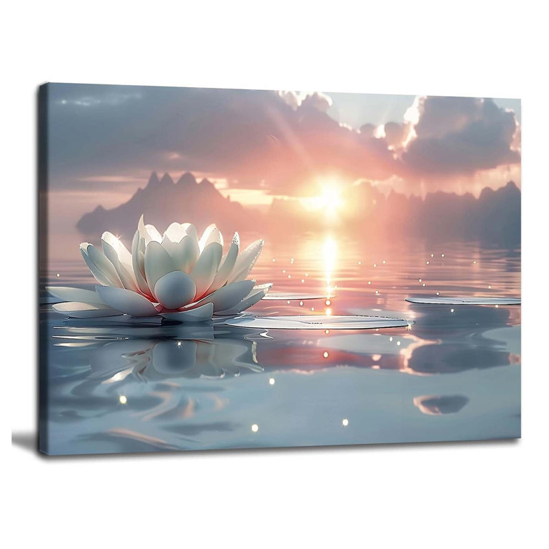 Zen White Lotus Wall Art Sunrise Meditation Canvas Wall Decor Spa Yoga Still Life Painting Prints Relaxing Spiritual Just Breathe Aesthetic Posters Pictures Modern Spiritual Inspiration Framed 16x24 inch